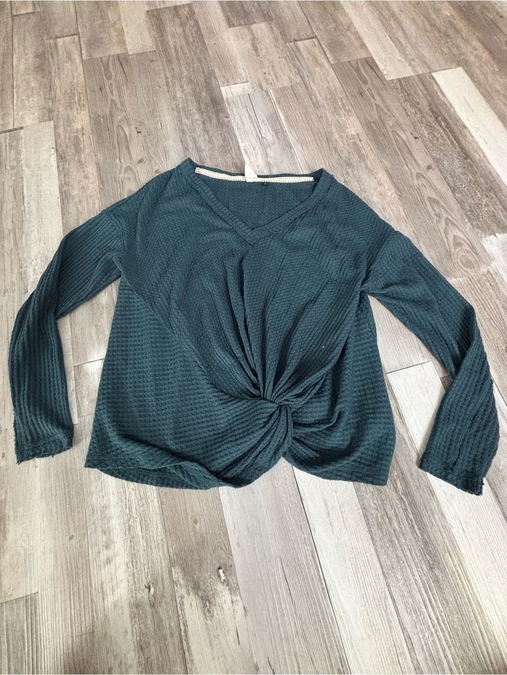 Anthropologie Teal Waffle-Knit V-Neck Long-Sleeve Top with Front Twist